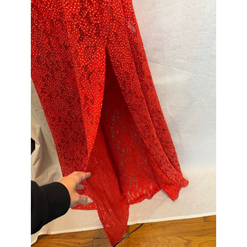 For Love and Lemons Leila Long Midi Dress Red Lace Side Slit Sheer Ruffles M - Picture 4 of 8